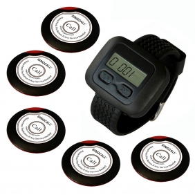 Wholesale SINGCALL.Wireless Waiter Pager System for Supermarket.Pager,Beeper, Pack of 5 pcs Table Buttons and 1 pc Wrist Watch Reciever