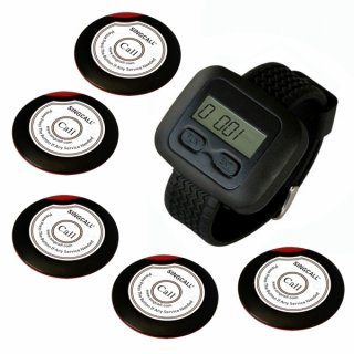 SINGCALL Wireless Waiter Pager System for Supermarket Pager Beeper Pack of 5 pcs Table Buttons and 1 pc Wrist Watch Reciever